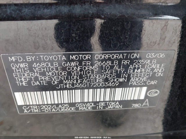 Aukcja sprzedaży 2007 Lexus Es 350, vin: JTHBJ46G172003469, numer aukcji: 45818284