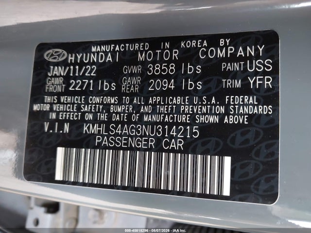 45818296 :رقم المزاد ، KMHLS4AG3NU314215 vin ، 2022 Hyundai Elantra Sel مزاد بيع