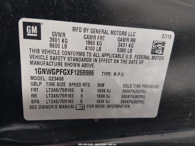 Aukcja sprzedaży 2015 Chevrolet Express 2500 Ls, vin: 1GNWGPFGXF1268986, numer aukcji: 45818300