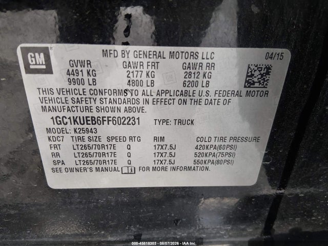Продажа на аукционе авто 2015 Chevrolet Silverado 2500hd Built After Aug 14 Work Truck, vin: 1GC1KUEB6FF602231, номер лота: 45818303