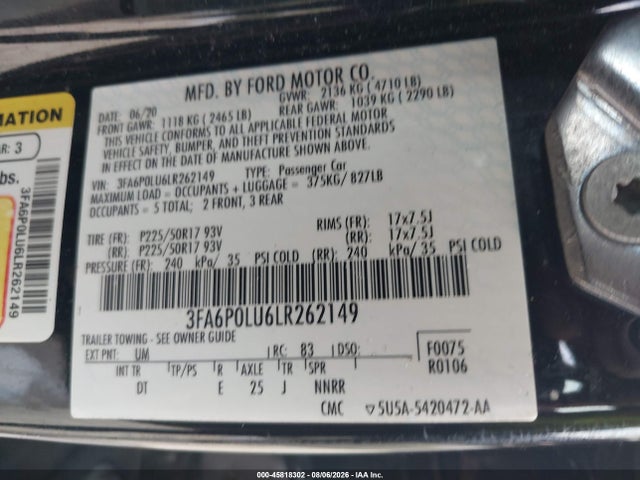 Продажа на аукционе авто 2020 Ford Fusion Hybrid Se, vin: 3FA6P0LU6LR262149, номер лота: 45818302