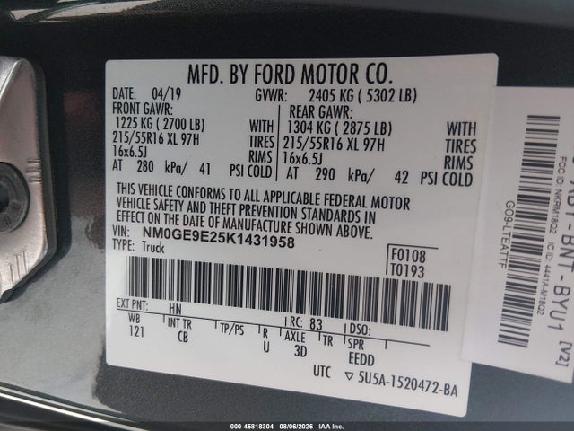 Продаж на аукціоні авто 2019 Ford Transit Connect Xl, vin: NM0GE9E25K1431958, номер лоту: 45818304