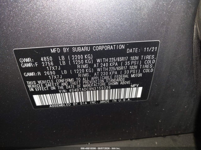 Aukcja sprzedaży 2022 Subaru Outback Premium, vin: 4S4BTADC9N3159336, numer aukcji: 45818306