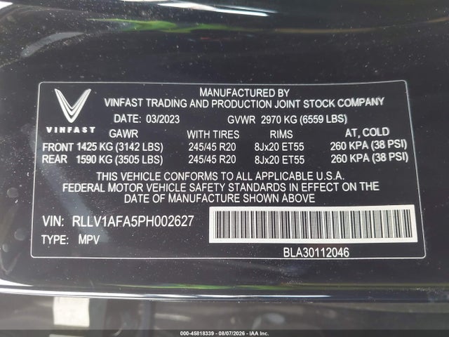 Продажа на аукционе авто 2023 Vinfast Vf 8 Plus, vin: RLLV1AFA5PH002627, номер лота: 45818339