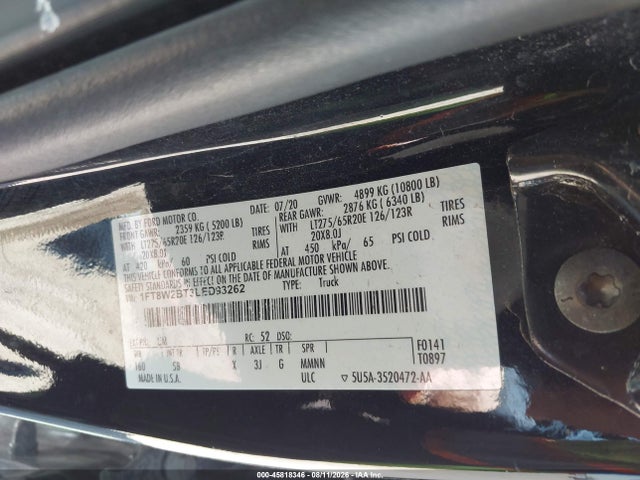 2020 Ford F-250 Lariat მანქანა იყიდება აუქციონზე, vin: 1FT8W2BT3LED93262, აუქციონის ნომერი: 45818346