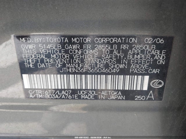 45818352 :رقم المزاد ، JTHBN36F365046049 vin ، 2006 Lexus Ls 430 مزاد بيع
