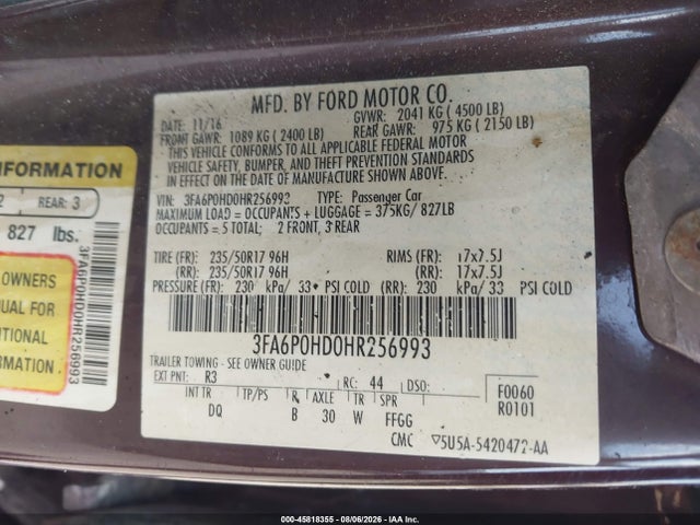 Aukcja sprzedaży 2017 Ford Fusion Se, vin: 3FA6P0HD0HR256993, numer aukcji: 45818355