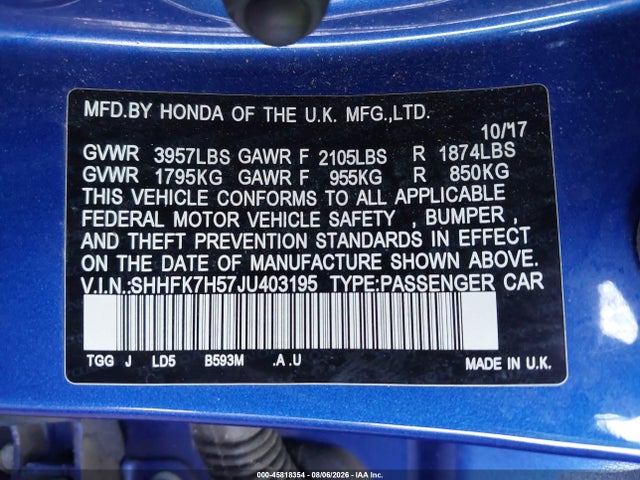 SHHFK7H57JU403195 Honda CIVIC EX