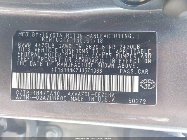 4T1B11HK2JU571366 Toyota CAMRY SE