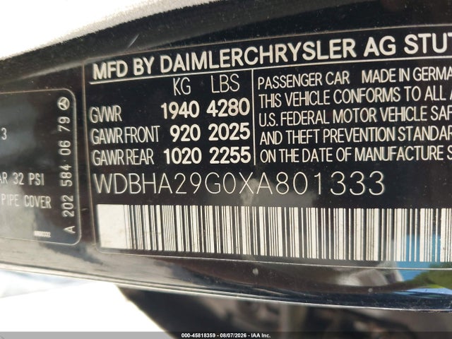 1999 Mercedes-benz C 280 მანქანა იყიდება აუქციონზე, vin: WDBHA29G0XA801333, აუქციონის ნომერი: 45818359