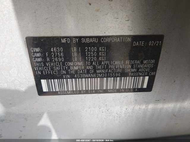 Aukcja sprzedaży 2021 Subaru Legacy Limited, vin: 4S3BWAN62M3015596, numer aukcji: 45818367