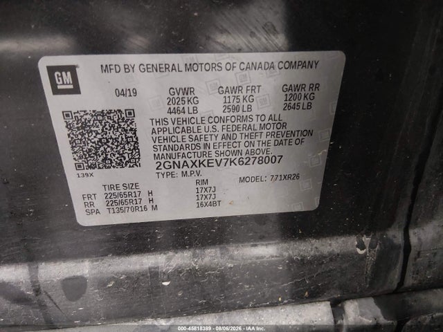 Продажа на аукционе авто 2019 Chevrolet Equinox Lt, vin: 2GNAXKEV7K6278007, номер лота: 45818389