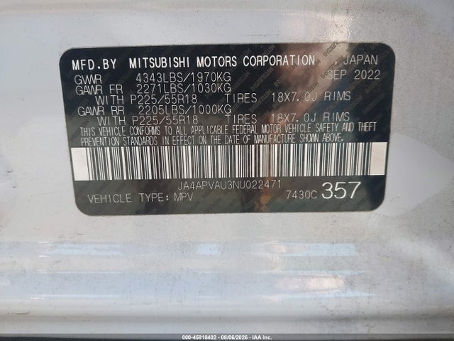 45818402 :رقم المزاد ، JA4APVAU3NU022471 vin ، 2022 Mitsubishi Outlander Sport 2.0 Se 2wd/2.0 Se Special Edition 2wd مزاد بيع