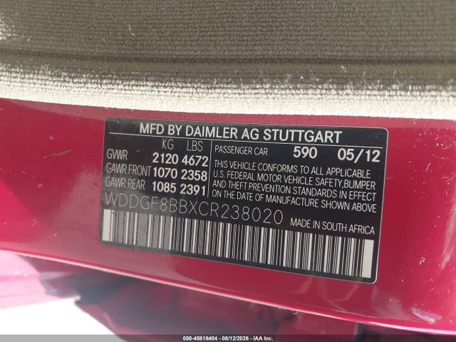 45818404 :رقم المزاد ، WDDGF8BBXCR238020 vin ، 2012 Mercedes-benz C 300 Sport 4matic مزاد بيع