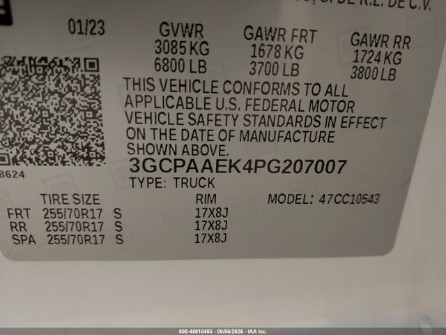 2023 Chevrolet Silverado 1500 2wd  Short Bed Wt მანქანა იყიდება აუქციონზე, vin: 3GCPAAEK4PG207007, აუქციონის ნომერი: 45818405