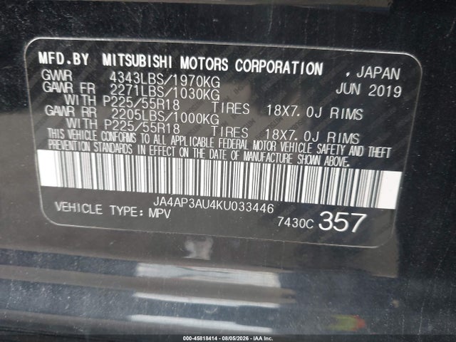 Aukcja sprzedaży 2019 Mitsubishi Outlander Sport 2.0 Es, vin: JA4AP3AU4KU033446, numer aukcji: 45818414