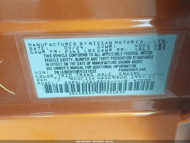 45818423 :رقم المزاد ، 3N1AB8DV9RY331832 vin ، 2024 Nissan Sentra Sr Xtronic Cvt مزاد بيع