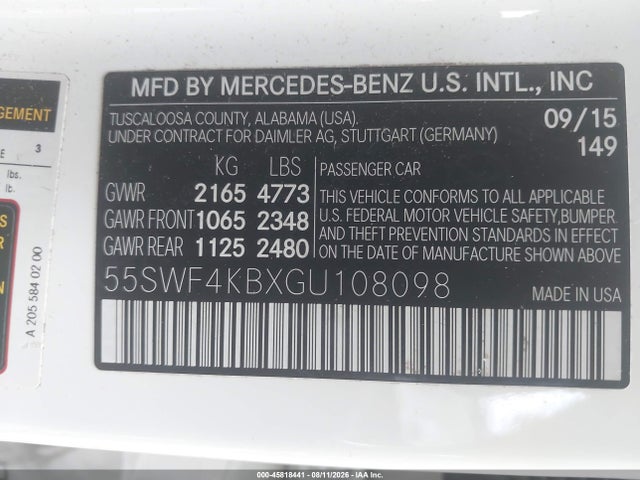 45818441 :رقم المزاد ، 55SWF4KBXGU108098 vin ، 2016 Mercedes-benz C 300 4matic مزاد بيع