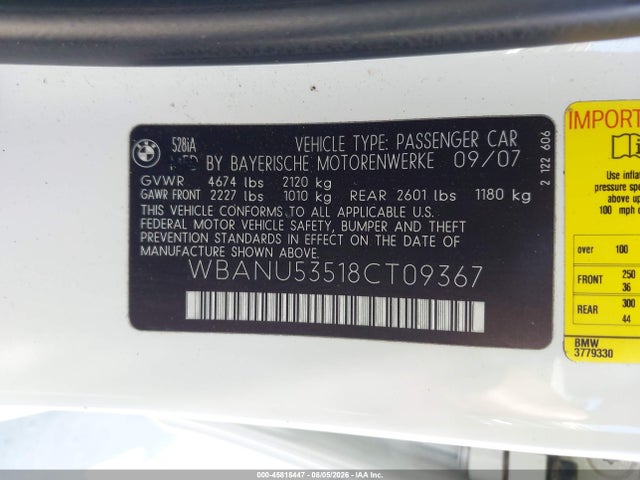 45818447 :رقم المزاد ، WBANU53518CT09367 vin ، 2008 Bmw 528i مزاد بيع