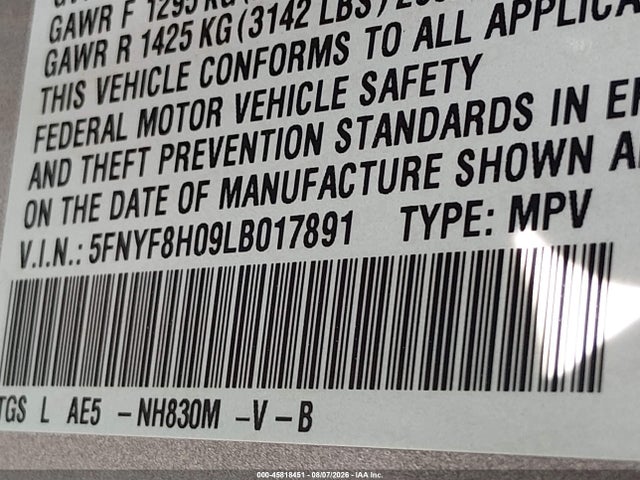 45818451 :رقم المزاد ، 5FNYF8H09LB017891 vin ، 2020 Honda Passport Awd Elite مزاد بيع