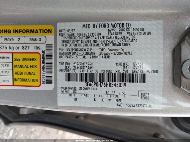 Ford FUSION SE 2017 3FA6P0H76HR345039 Image 9