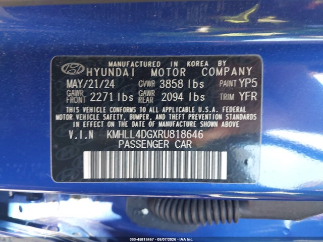 45818467 :رقم المزاد ، KMHLL4DGXRU818646 vin ، 2024 Hyundai Elantra Se مزاد بيع