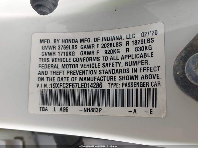 Продаж на аукціоні авто 2020 Honda Civic Lx, vin: 19XFC2F67LE014286, номер лоту: 45818477