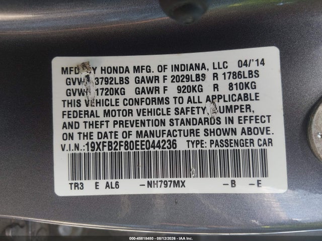 45818480 :رقم المزاد ، 19XFB2F80EE044236 vin ، 2014 Honda Civic Ex مزاد بيع