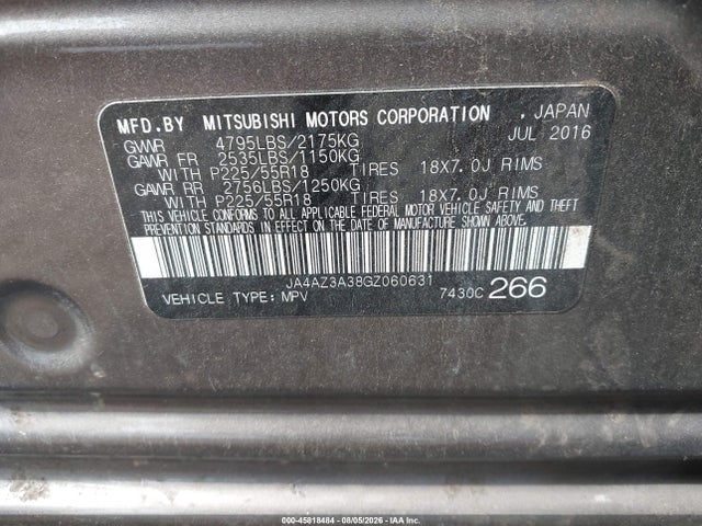 Aukcja sprzedaży 2016 Mitsubishi Outlander Se, vin: JA4AZ3A38GZ060631, numer aukcji: 45818484