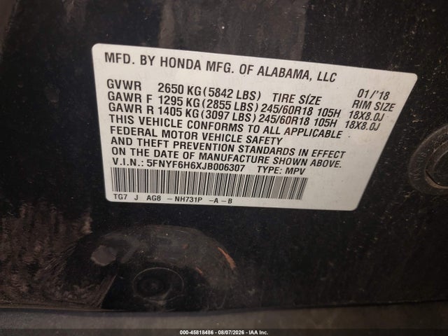 45818486 :رقم المزاد ، 5FNYF6H6XJB006307 vin ، 2018 Honda Pilot Ex-l مزاد بيع