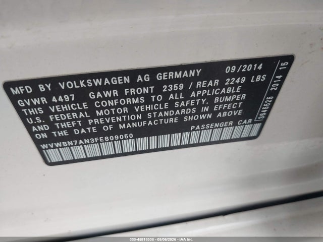 45818508 :رقم المزاد ، WVWBN7AN3FE809050 vin ، 2015 Volkswagen Cc 2.0t Sport مزاد بيع