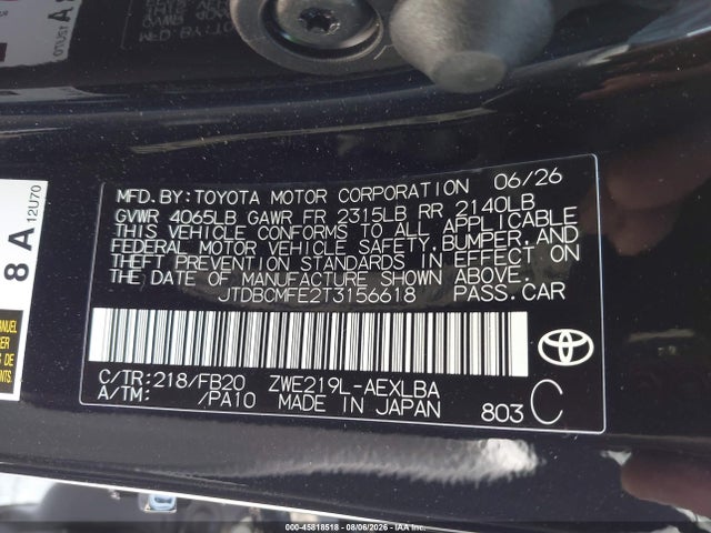 45818518 :رقم المزاد ، JTDBCMFE2T3156618 vin ، 2026 Toyota Corolla Hybrid Hybrid Le مزاد بيع