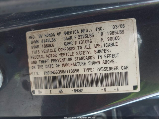 Продажа на аукционе авто 2006 Honda Accord 2.4 Se, vin: 1HGCM56356A118856, номер лота: 45818551