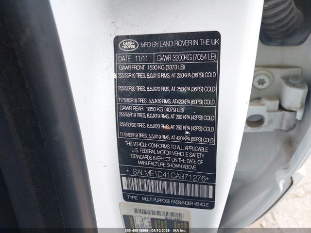 Aukcja sprzedaży 2012 Land Rover Range Rover Hse, vin: SALME1D41CA371276, numer aukcji: 45818565