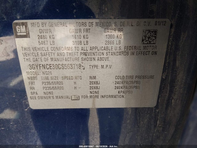 45818567 :رقم المزاد ، 3GYFNCE30CS563718 vin ، 2012 Cadillac Srx Premium Collection مزاد بيع