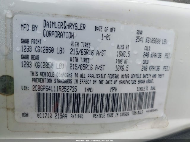45818581 :رقم المزاد ، 2C8GP64L11R252735 vin ، 2001 Chrysler Town & Country Limited مزاد بيع