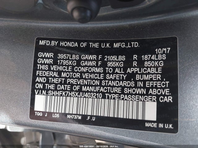 Honda CIVIC EX 2018 SHHFK7H5XJU403210 Image 9