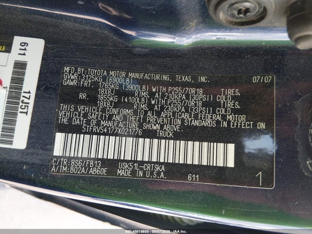 Продаж на аукціоні авто 2007 Toyota Tundra Sr5 V8, vin: 5TFRV54177X021776, номер лоту: 45818605