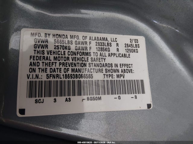 Продажа на аукционе авто 2003 Honda Odyssey Ex, vin: 5FNRL18693B066565, номер лота: 45818620