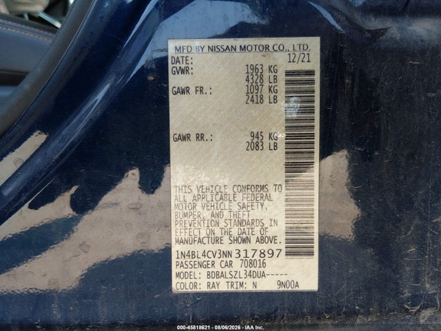 Продажа на аукционе авто 2022 Nissan Altima Sr Fwd, vin: 1N4BL4CV3NN317897, номер лота: 45818621