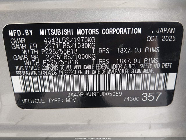 Продажа на аукционе авто 2026 Mitsubishi Outlander Sport 2.0 Es/2.0 Le/2.0 Ralliart/2.0 S/2.0 Se/2.0 Trail Edition, vin: JA4ARUAU9TU005059, номер лота: 45818633