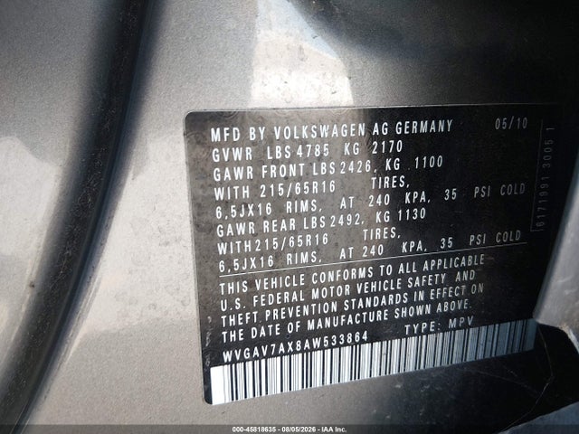 Продажа на аукционе авто 2010 Volkswagen Tiguan S/se/sel/wolfsburg Edition, vin: WVGAV7AX8AW533864, номер лота: 45818635