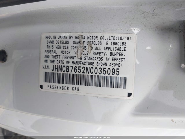 1992 Honda Accord Lx/ex მანქანა იყიდება აუქციონზე, vin: JHMCB7652NC035095, აუქციონის ნომერი: 45818644