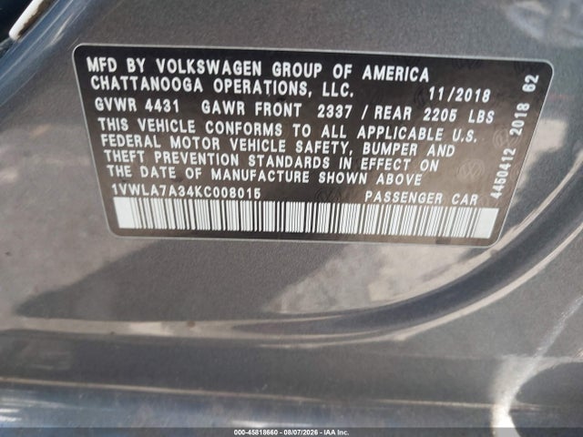 Продажа на аукционе авто 2019 Volkswagen Passat 2.0t Wolfsburg Edition, vin: 1VWLA7A34KC008015, номер лота: 45818660