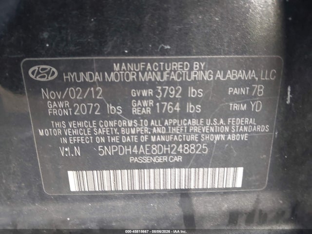 Auction sale of the 2013 Hyundai Elantra Gls, vin: 5NPDH4AE8DH248825, lot number: 45818667