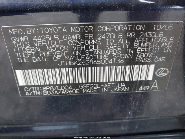 Aukcja sprzedaży 2006 Lexus Is 250, vin: JTHBK262865004136, numer aukcji: 45818680