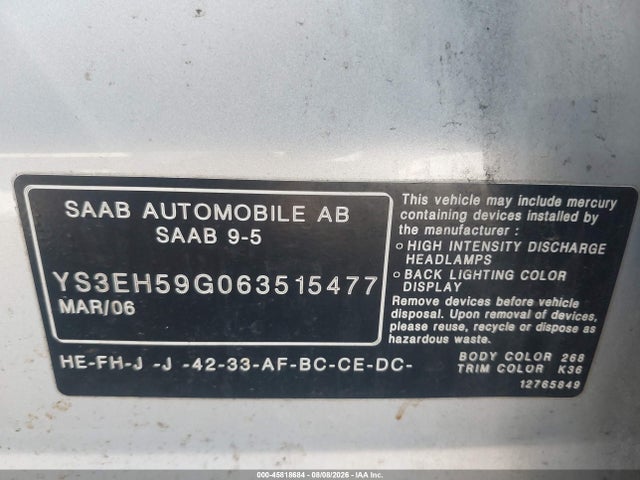 Aukcja sprzedaży 2006 Saab 9-5 2.3t Sport, vin: YS3EH59G063515477, numer aukcji: 45818684