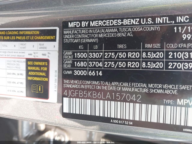 45818688 :رقم المزاد ، 4JGFB5KB6LA157042 vin ، 2020 Mercedes-benz Gle 450 4matic مزاد بيع