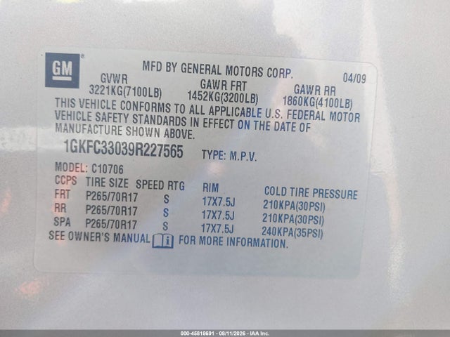 Aukcja sprzedaży 2009 Gmc Yukon Slt W/4sb, vin: 1GKFC33039R227565, numer aukcji: 45818691