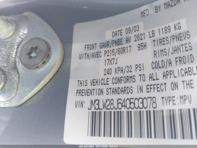 45818693 :رقم المزاد ، JM3LW28J640503078 vin ، 2004 Mazda Mpv Es مزاد بيع